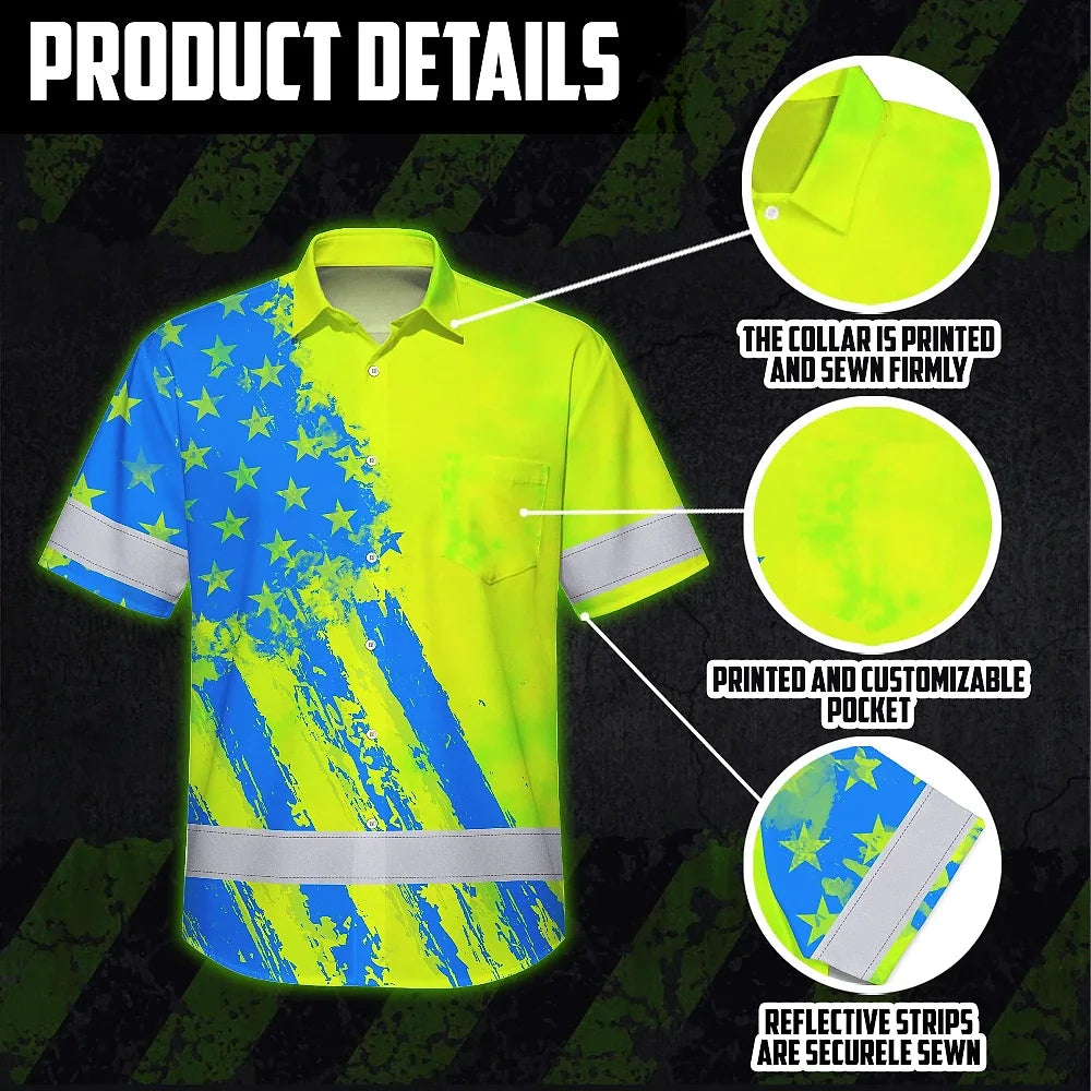 Hi Vis Hawaiian Shirt Reflective Tapes Green Neon And Blue US Flag Custom