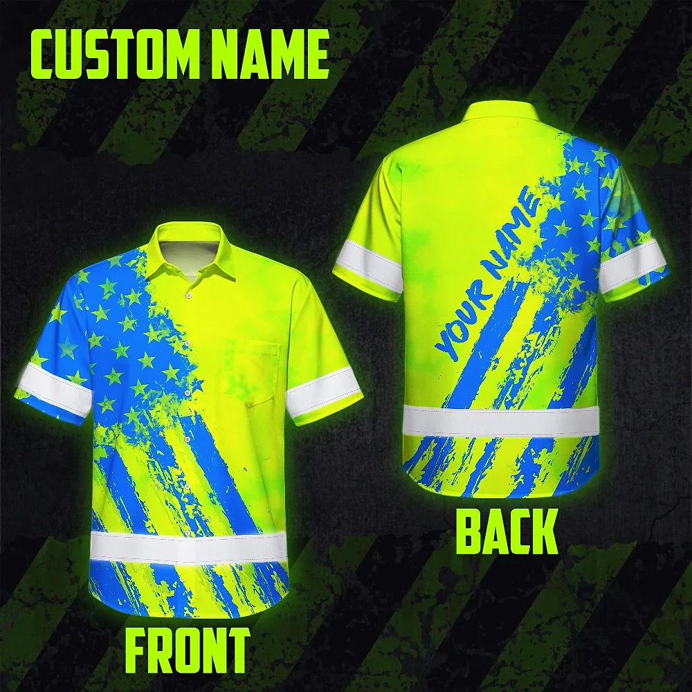 Hi Vis Hawaiian Shirt Reflective Tapes Green Neon And Blue US Flag Custom
