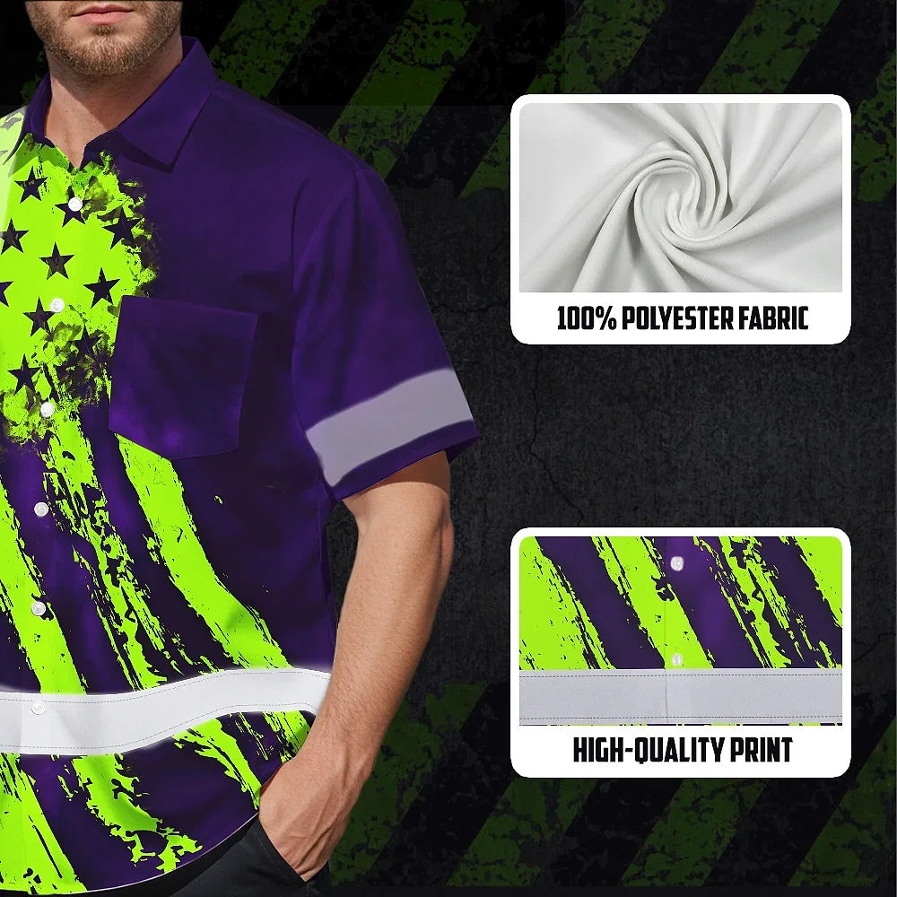 Hi Vis Hawaiian Shirt Reflective Tapes Green Neon And Violet US Flag Custom