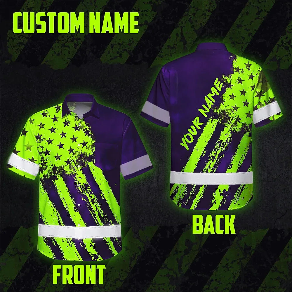 Hi Vis Hawaiian Shirt Reflective Tapes Green Neon And Violet US Flag Custom