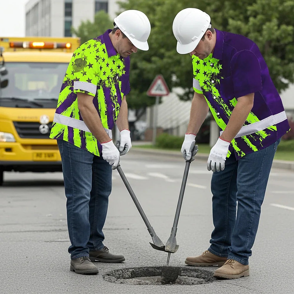 Hi Vis Hawaiian Shirt Reflective Tapes Green Neon And Violet US Flag Custom