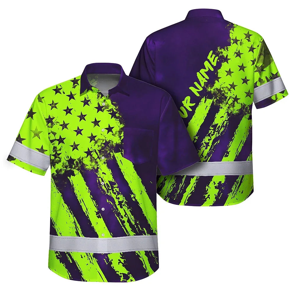 Hi Vis Hawaiian Shirt Reflective Tapes Green Neon And Violet US Flag Custom