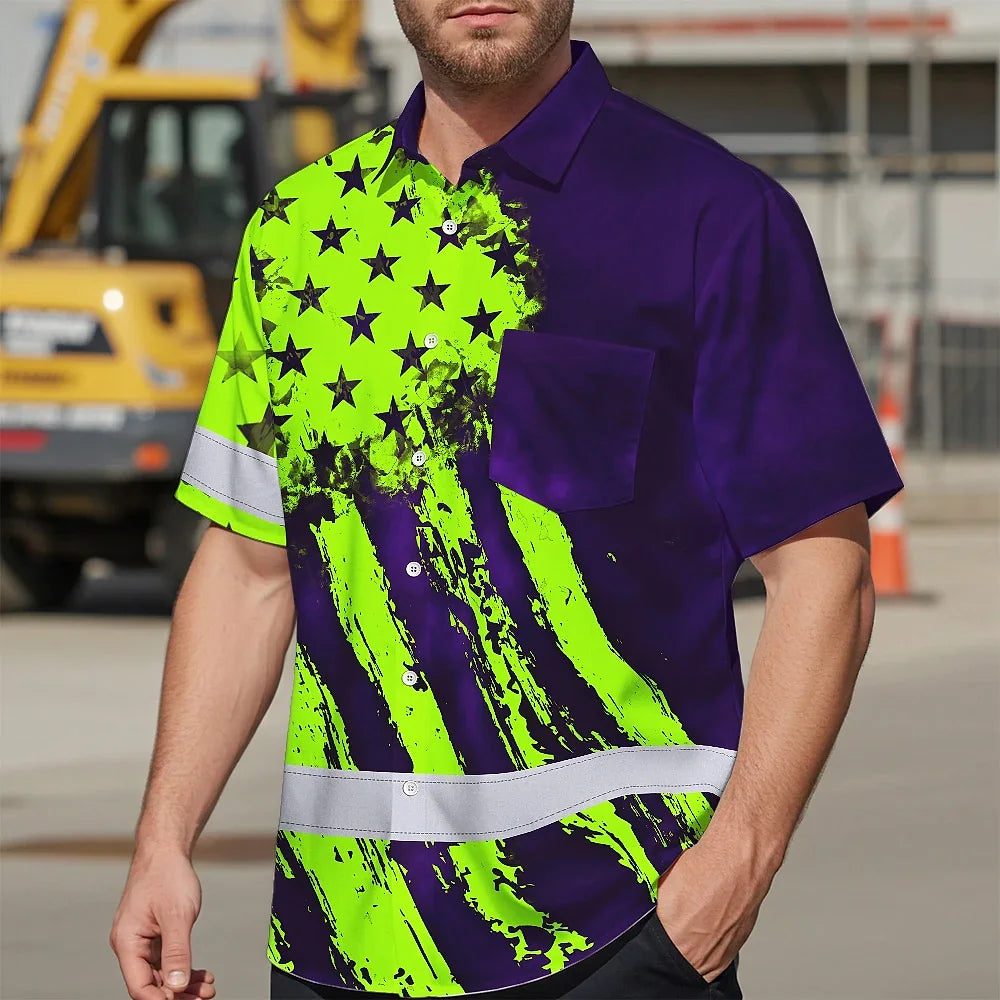Hi Vis Hawaiian Shirt Reflective Tapes Green Neon And Violet US Flag Custom