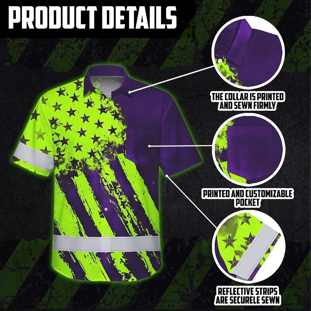 Hi Vis Hawaiian Shirt Reflective Tapes Green Neon And Violet US Flag Custom
