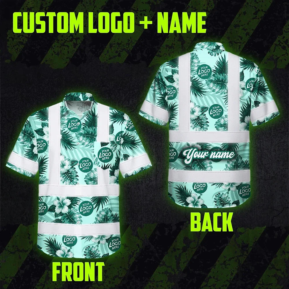 Hi Vis Hawaiian Shirt Reflective Tapes Green Neon And White Flowers Custom Name And Logo Safety Workwear For Workers, Truckers, Operators, Company