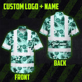 Hi Vis Hawaiian Shirt Reflective Tapes Green Neon And White Flowers Custom Name And Logo Safety Workwear For Workers, Truckers, Operators, Company