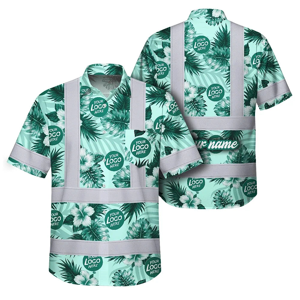 Hi Vis Hawaiian Shirt Reflective Tapes Green Neon And White Flowers Custom Name And Logo Safety Workwear For Workers, Truckers, Operators, Company