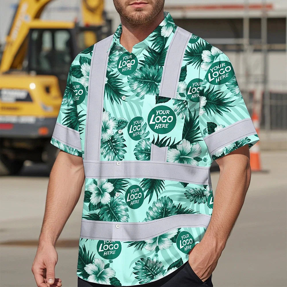 Hi Vis Hawaiian Shirt Reflective Tapes Green Neon And White Flowers Custom Name And Logo Safety Workwear For Workers, Truckers, Operators, Company