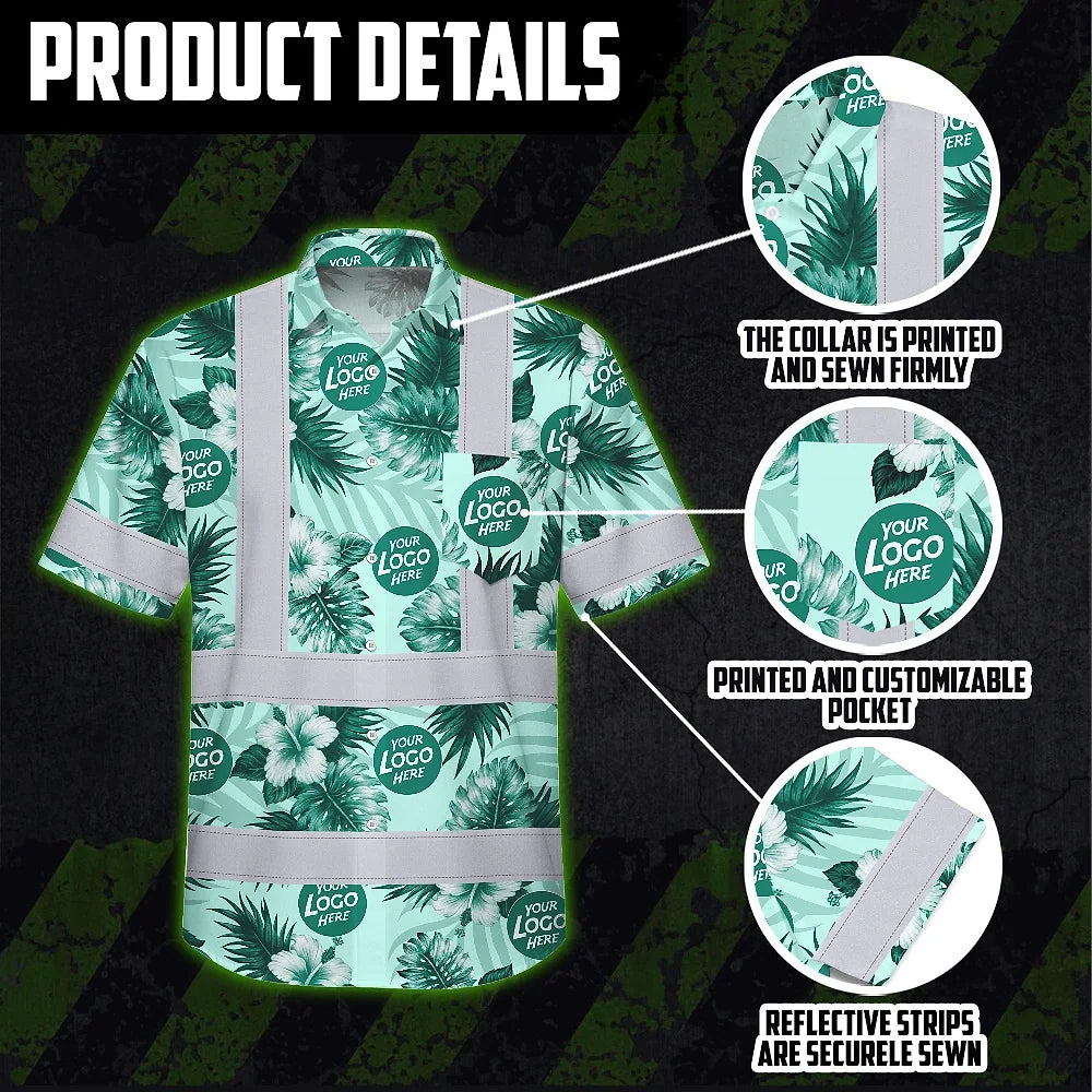 Hi Vis Hawaiian Shirt Reflective Tapes Green Neon And White Flowers Custom Name And Logo Safety Workwear For Workers, Truckers, Operators, Company