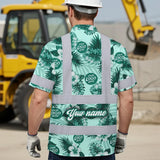 Hi Vis Hawaiian Shirt Reflective Tapes Green Neon And White Flowers Custom Name And Logo Safety Workwear For Workers, Truckers, Operators, Company