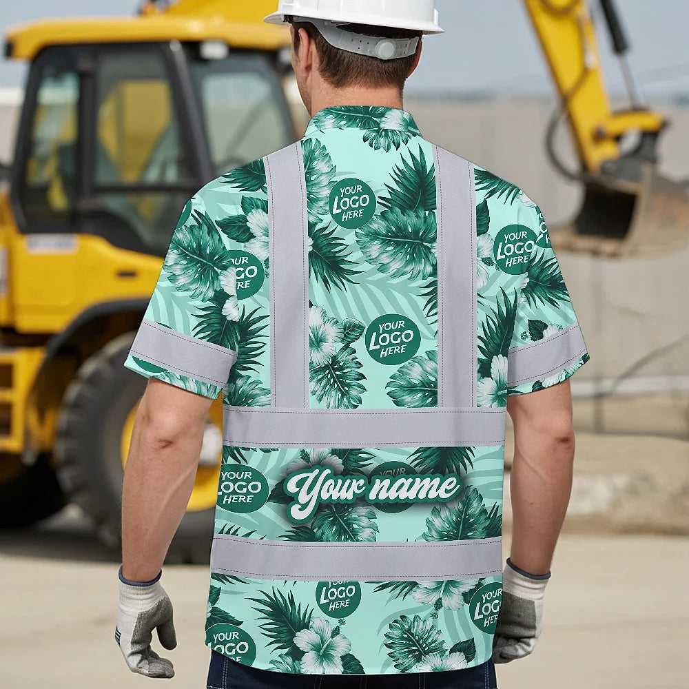 Hi Vis Hawaiian Shirt Reflective Tapes Green Neon And White Flowers Custom Name And Logo Safety Workwear For Workers, Truckers, Operators, Company