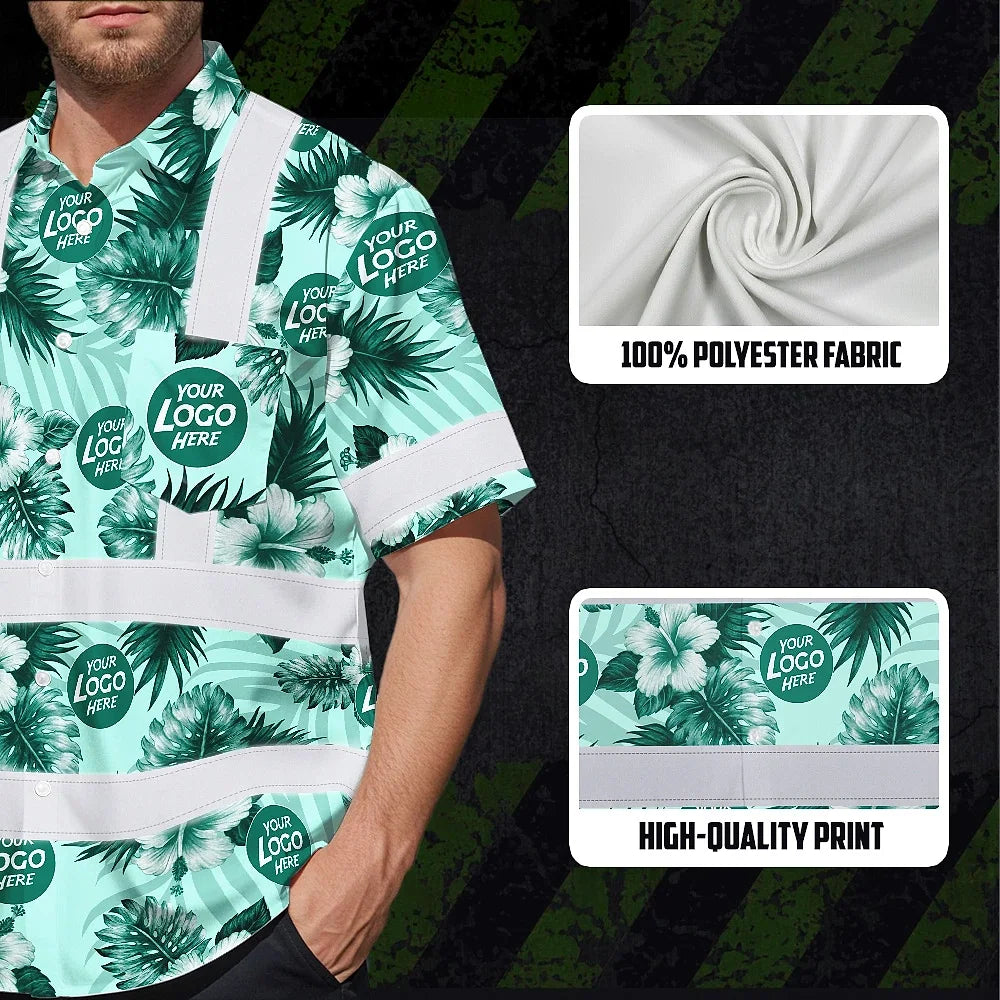 Hi Vis Hawaiian Shirt Reflective Tapes Green Neon And White Flowers Custom Name And Logo Safety Workwear For Workers, Truckers, Operators, Company