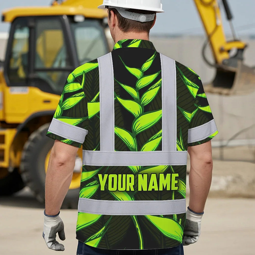 Hi Vis Hawaiian Shirt Reflective Tapes Green Neon Black Heliconia Custom Name Safety Workwear For Workers, Truckers, Operators