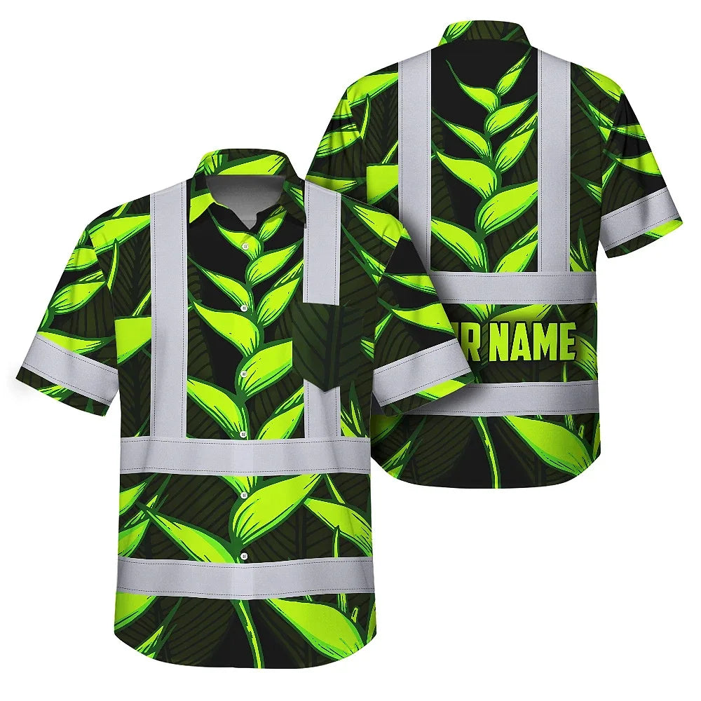 Hi Vis Hawaiian Shirt Reflective Tapes Green Neon Black Heliconia Custom Name Safety Workwear For Workers, Truckers, Operators