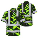 Hi Vis Hawaiian Shirt Reflective Tapes Green Neon Black Heliconia Custom Name Safety Workwear For Workers, Truckers, Operators