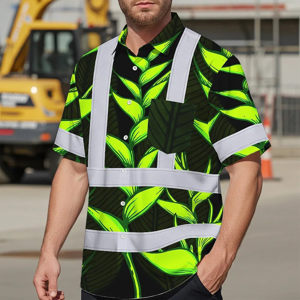 Hi Vis Hawaiian Shirt Reflective Tapes Green Neon Black Heliconia Custom Name Safety Workwear For Workers, Truckers, Operators