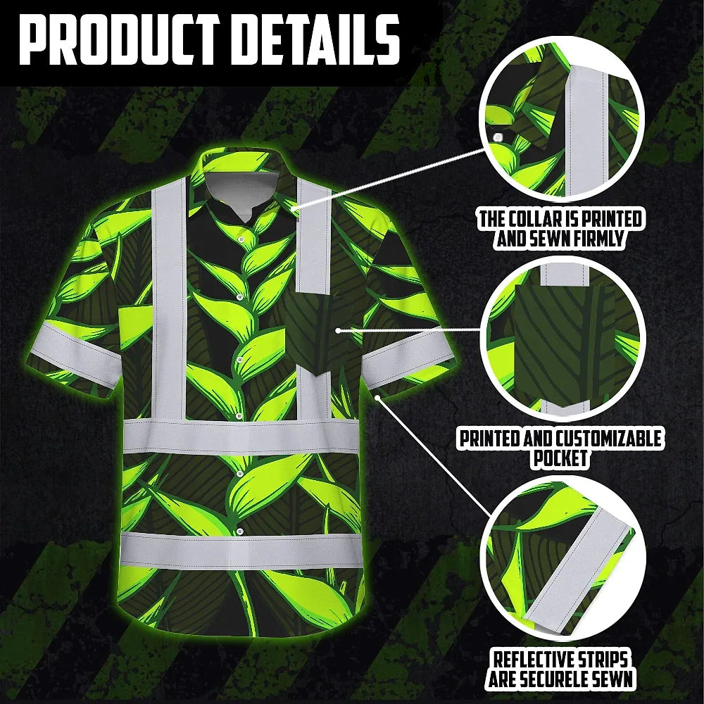 Hi Vis Hawaiian Shirt Reflective Tapes Green Neon Black Heliconia Custom Name Safety Workwear For Workers, Truckers, Operators