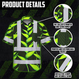 Hi Vis Hawaiian Shirt Reflective Tapes Green Neon Black Heliconia Custom Name Safety Workwear For Workers, Truckers, Operators