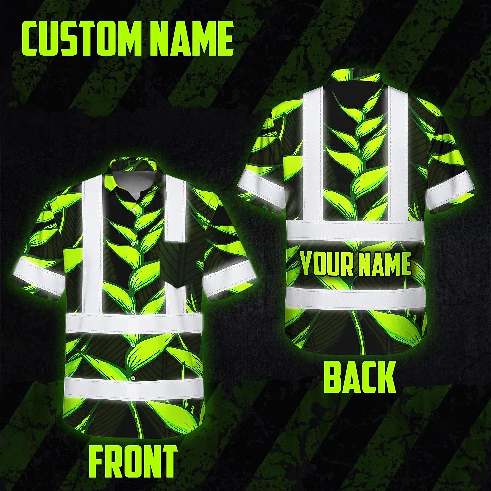 Hi Vis Hawaiian Shirt Reflective Tapes Green Neon Black Heliconia Custom Name Safety Workwear For Workers, Truckers, Operators