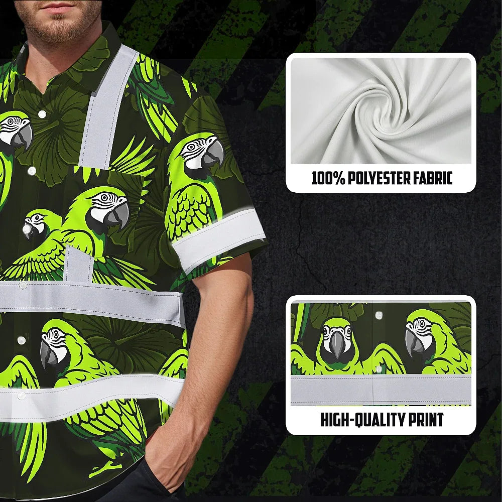 Hi Vis Hawaiian Shirt Reflective Tapes Green Neon Black Parrot Custom Name Safety Workwear For Workers, Truckers, Operators