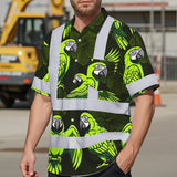 Hi Vis Hawaiian Shirt Reflective Tapes Green Neon Black Parrot Custom Name Safety Workwear For Workers, Truckers, Operators