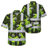 Hi Vis Hawaiian Shirt Reflective Tapes Green Neon Black Parrot Custom Name Safety Workwear For Workers, Truckers, Operators