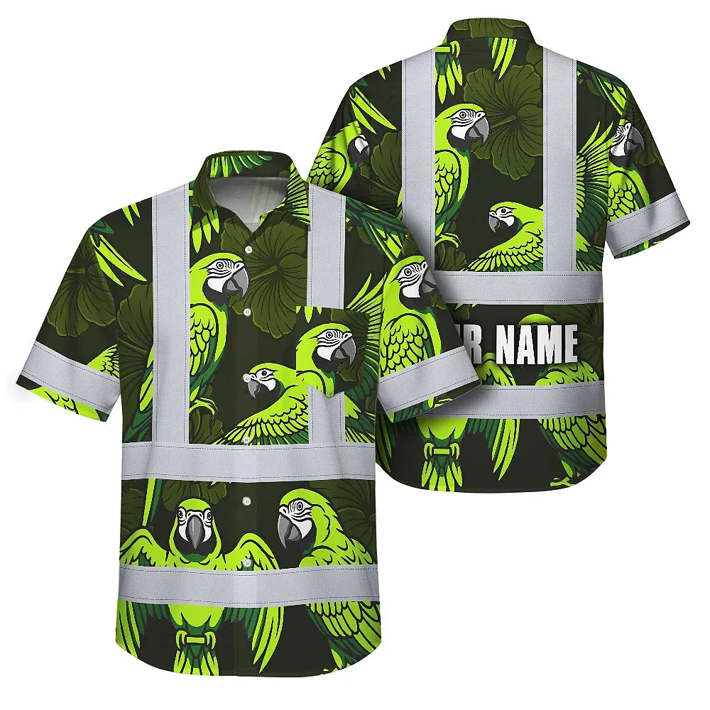 Hi Vis Hawaiian Shirt Reflective Tapes Green Neon Black Parrot Custom Name Safety Workwear For Workers, Truckers, Operators