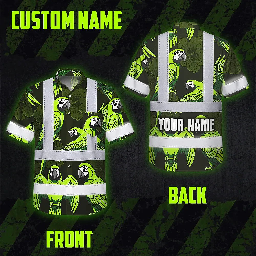 Hi Vis Hawaiian Shirt Reflective Tapes Green Neon Black Parrot Custom Name Safety Workwear For Workers, Truckers, Operators