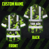 Hi Vis Hawaiian Shirt Reflective Tapes Green Neon Black Parrot Custom Name Safety Workwear For Workers, Truckers, Operators