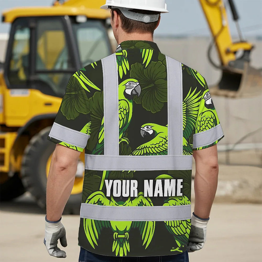 Hi Vis Hawaiian Shirt Reflective Tapes Green Neon Black Parrot Custom Name Safety Workwear For Workers, Truckers, Operators