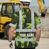 Hi Vis Hawaiian Shirt Reflective Tapes Green Neon Black Parrot Custom Name Safety Workwear For Workers, Truckers, Operators