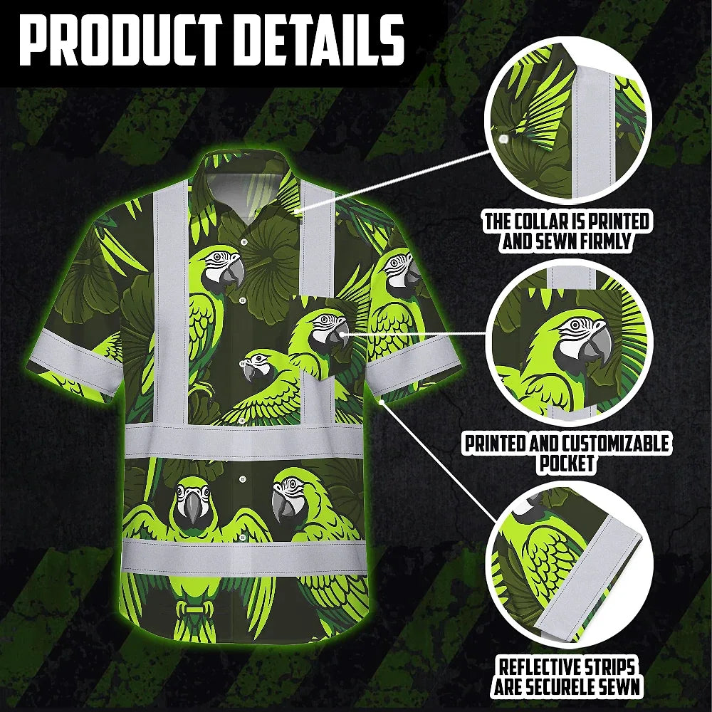 Hi Vis Hawaiian Shirt Reflective Tapes Green Neon Black Parrot Custom Name Safety Workwear For Workers, Truckers, Operators