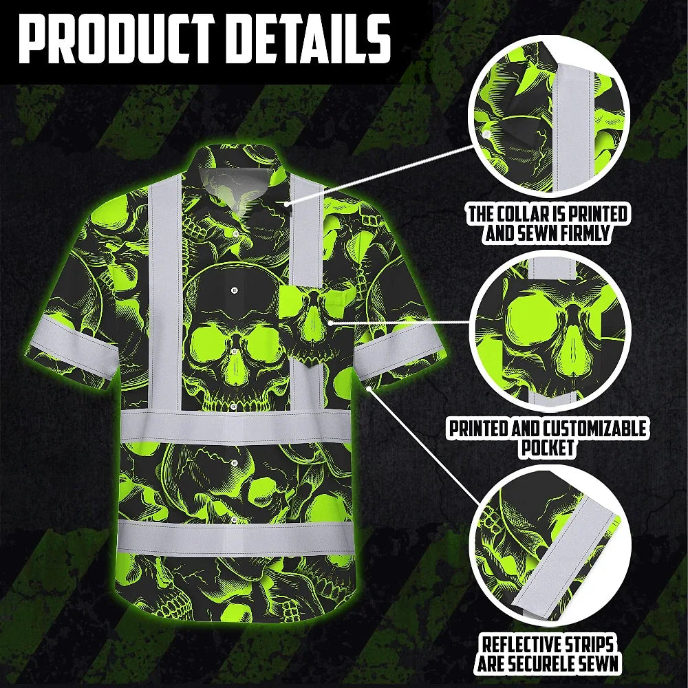 Hi Vis Hawaiian Shirt Reflective Tapes Green Neon Black Skull Custom Name Safety Workwear For Workers, Truckers, Operators