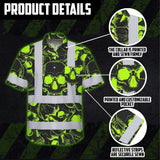 Hi Vis Hawaiian Shirt Reflective Tapes Green Neon Black Skull Custom Name Safety Workwear For Workers, Truckers, Operators