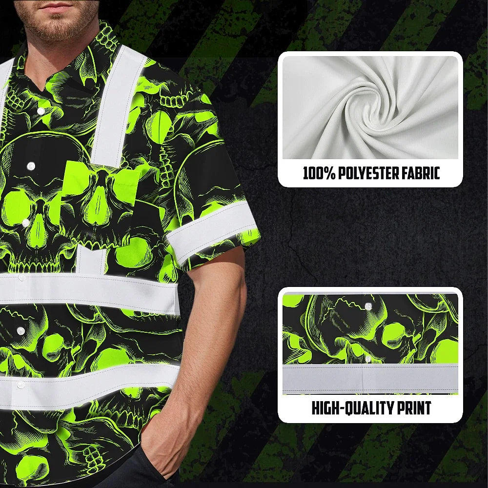 Hi Vis Hawaiian Shirt Reflective Tapes Green Neon Black Skull Custom Name Safety Workwear For Workers, Truckers, Operators