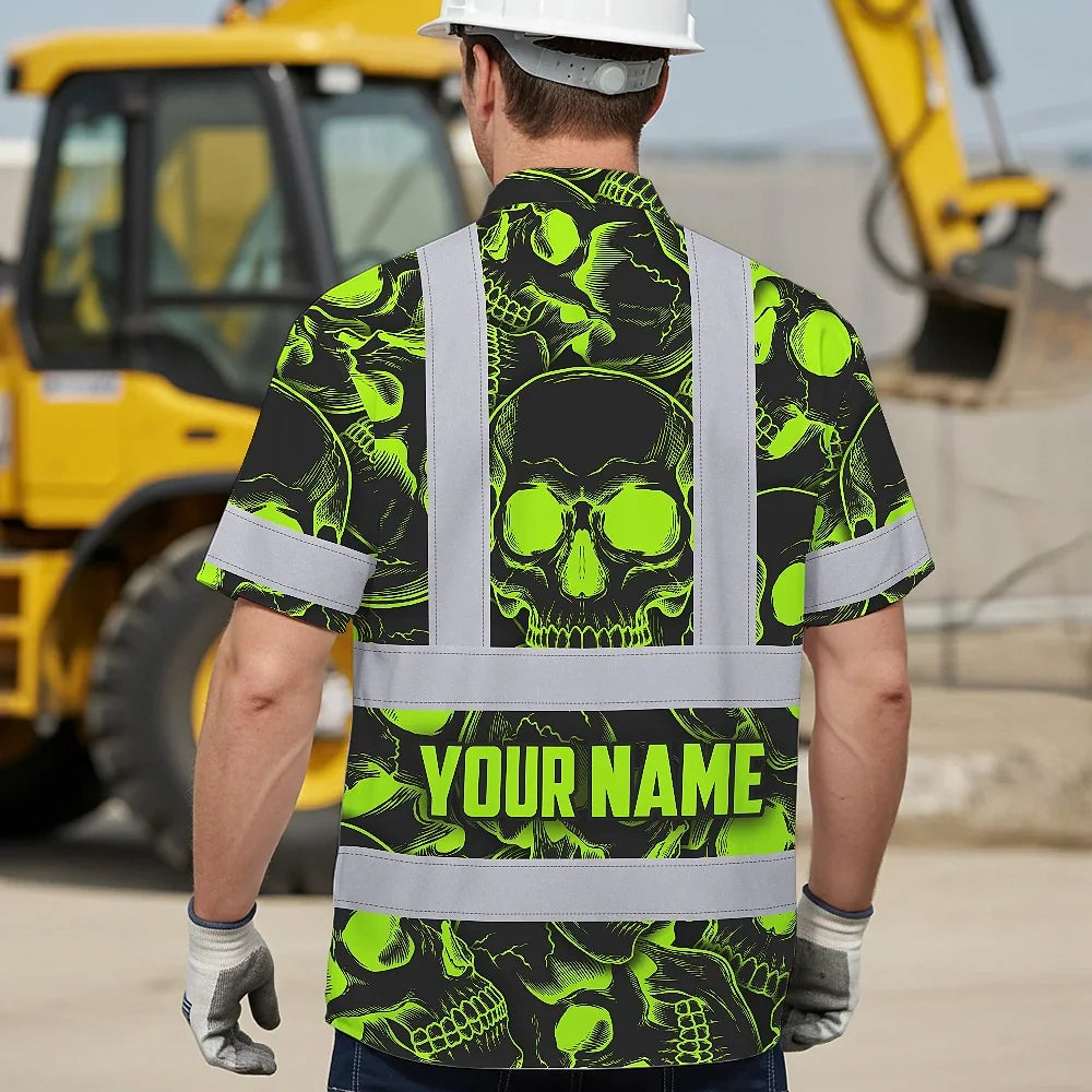 Hi Vis Hawaiian Shirt Reflective Tapes Green Neon Black Skull Custom Name Safety Workwear For Workers, Truckers, Operators