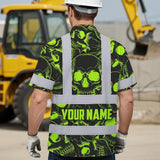 Hi Vis Hawaiian Shirt Reflective Tapes Green Neon Black Skull Custom Name Safety Workwear For Workers, Truckers, Operators