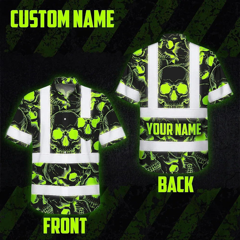 Hi Vis Hawaiian Shirt Reflective Tapes Green Neon Black Skull Custom Name Safety Workwear For Workers, Truckers, Operators