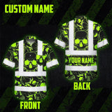 Hi Vis Hawaiian Shirt Reflective Tapes Green Neon Black Skull Custom Name Safety Workwear For Workers, Truckers, Operators