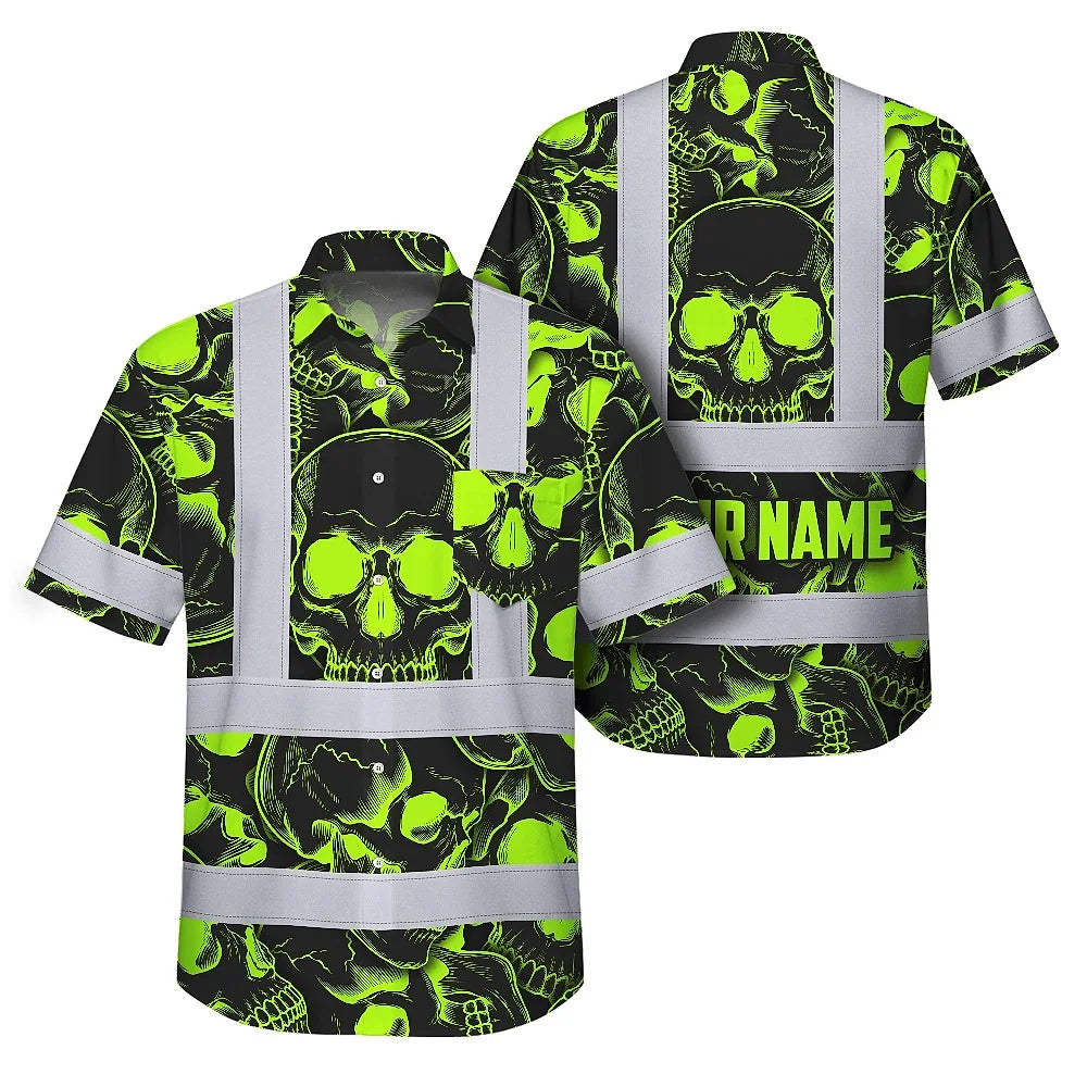 Hi Vis Hawaiian Shirt Reflective Tapes Green Neon Black Skull Custom Name Safety Workwear For Workers, Truckers, Operators