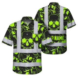 Hi Vis Hawaiian Shirt Reflective Tapes Green Neon Black Skull Custom Name Safety Workwear For Workers, Truckers, Operators