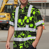 Hi Vis Hawaiian Shirt Reflective Tapes Green Neon Black Skull Custom Name Safety Workwear For Workers, Truckers, Operators