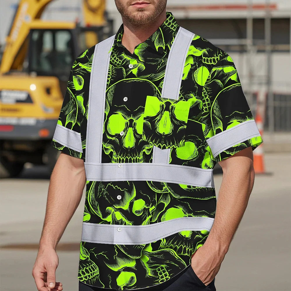 Hi Vis Hawaiian Shirt Reflective Tapes Green Neon Black Skull Custom Name Safety Workwear For Workers, Truckers, Operators