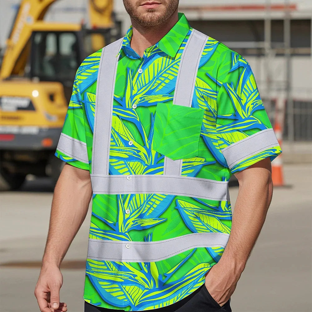 Hi Vis Hawaiian Shirt Reflective Tapes Green Neon Blue Bird of Paradise Custom Name Safety Workwear For Workers, Truckers, Operators