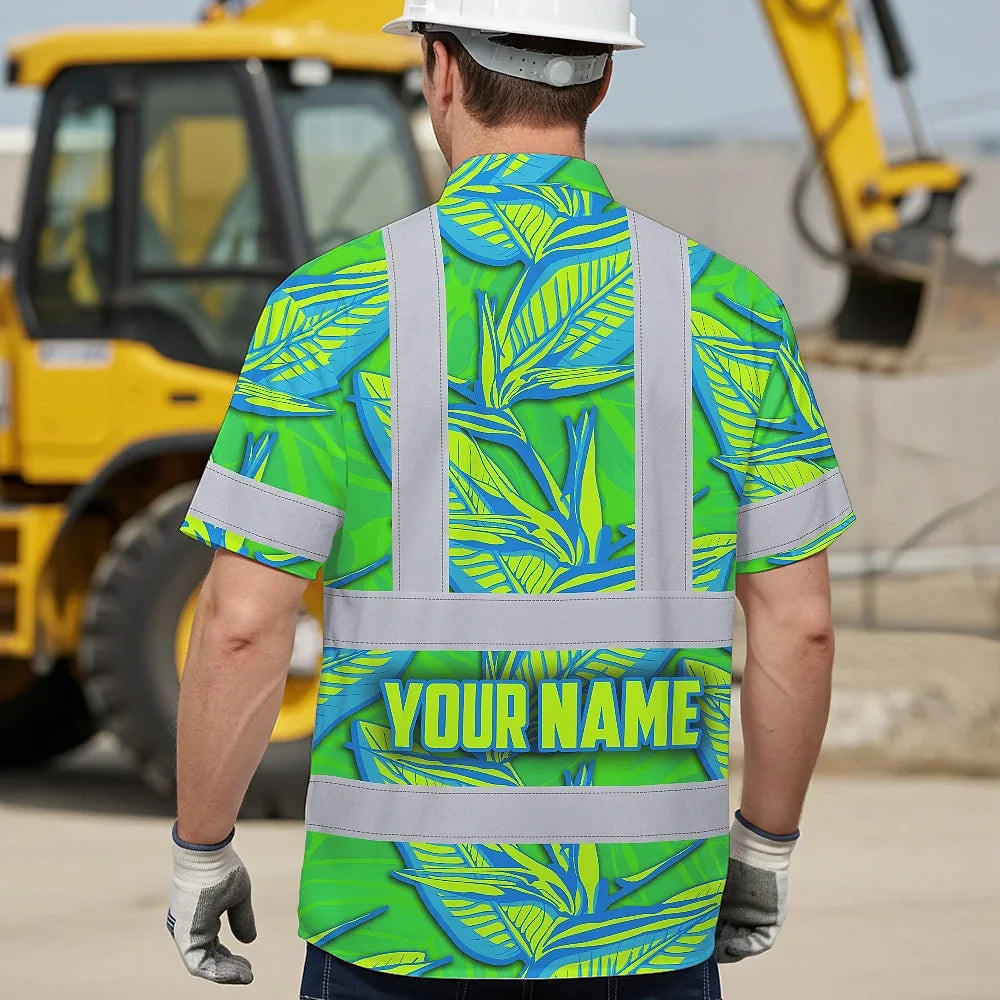 Hi Vis Hawaiian Shirt Reflective Tapes Green Neon Blue Bird of Paradise Custom Name Safety Workwear For Workers, Truckers, Operators