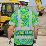 Hi Vis Hawaiian Shirt Reflective Tapes Green Neon Blue Bird of Paradise Custom Name Safety Workwear For Workers, Truckers, Operators