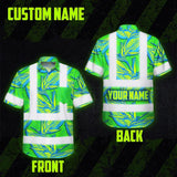Hi Vis Hawaiian Shirt Reflective Tapes Green Neon Blue Bird of Paradise Custom Name Safety Workwear For Workers, Truckers, Operators