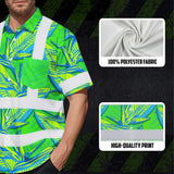 Hi Vis Hawaiian Shirt Reflective Tapes Green Neon Blue Bird of Paradise Custom Name Safety Workwear For Workers, Truckers, Operators