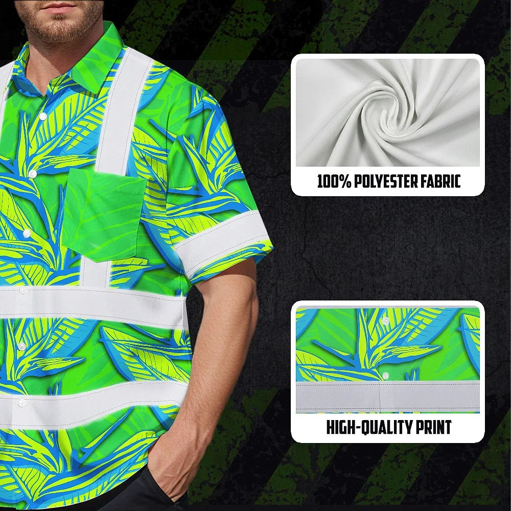Hi Vis Hawaiian Shirt Reflective Tapes Green Neon Blue Bird of Paradise Custom Name Safety Workwear For Workers, Truckers, Operators