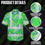 Hi Vis Hawaiian Shirt Reflective Tapes Green Neon Blue Bird of Paradise Custom Name Safety Workwear For Workers, Truckers, Operators